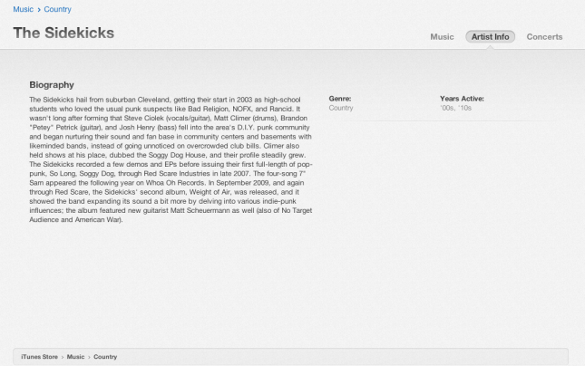 The Sidekicks bio in iTunes